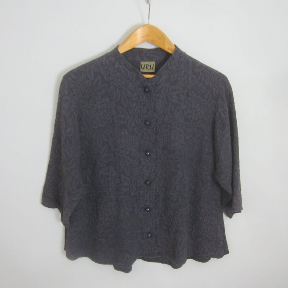 URU Womens Medium Dark Purple 3/4 Sleeve Embossed Silk Tunic Shirt 44" Stretch